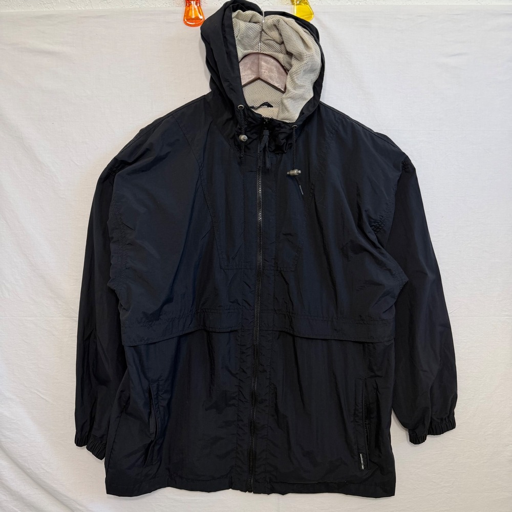 Members Only Windbreaker‎ Jacket Mens M Black Nylon Hooded Full Zip Rain Shell